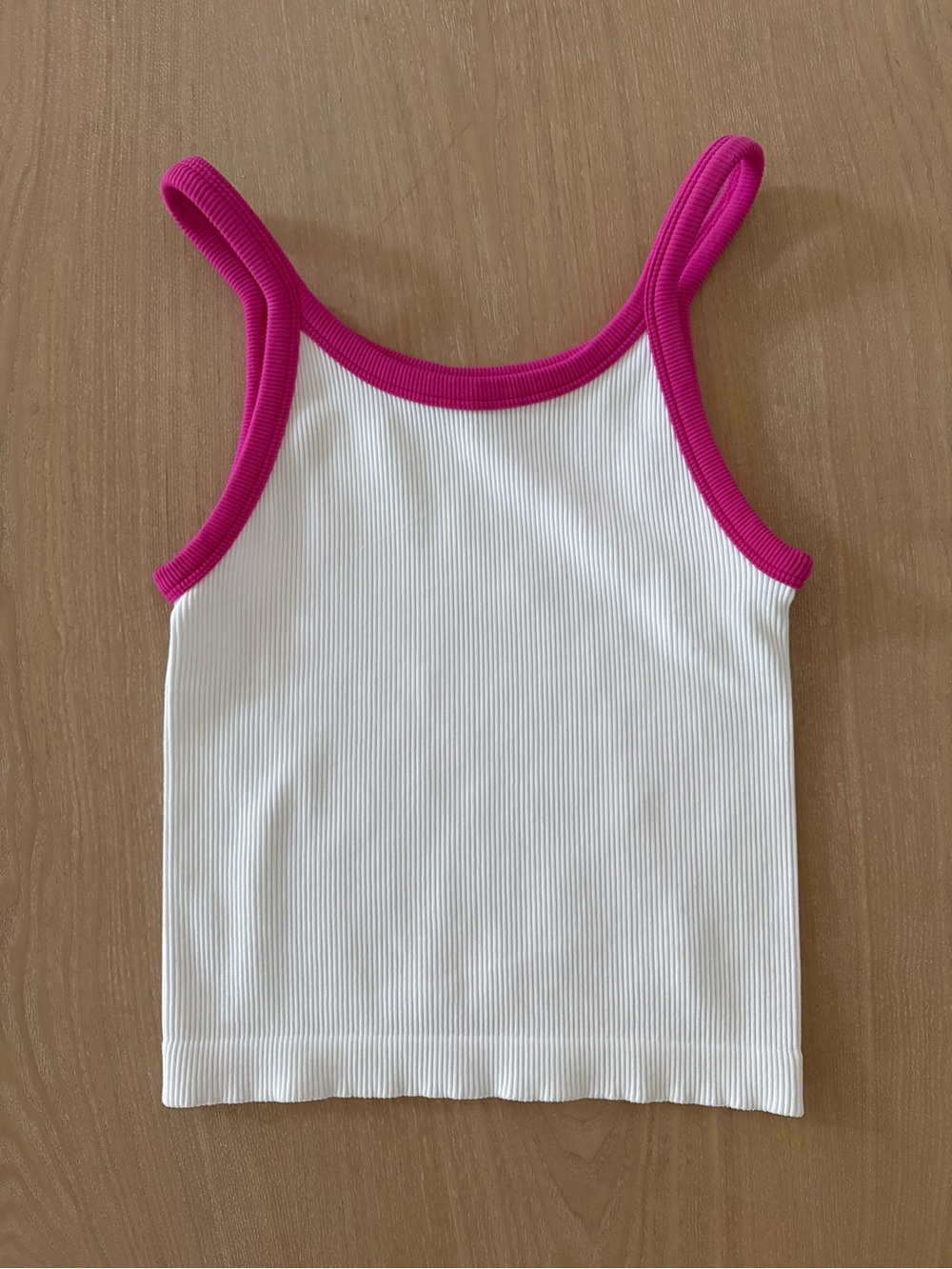 White Ribbed Tank Top with Pink Trim - OS